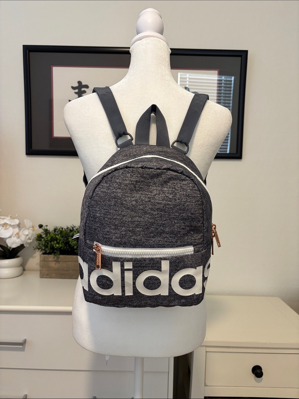 Adidas Heather Gray Logo Mini Backpack with Rose Gold Zippers